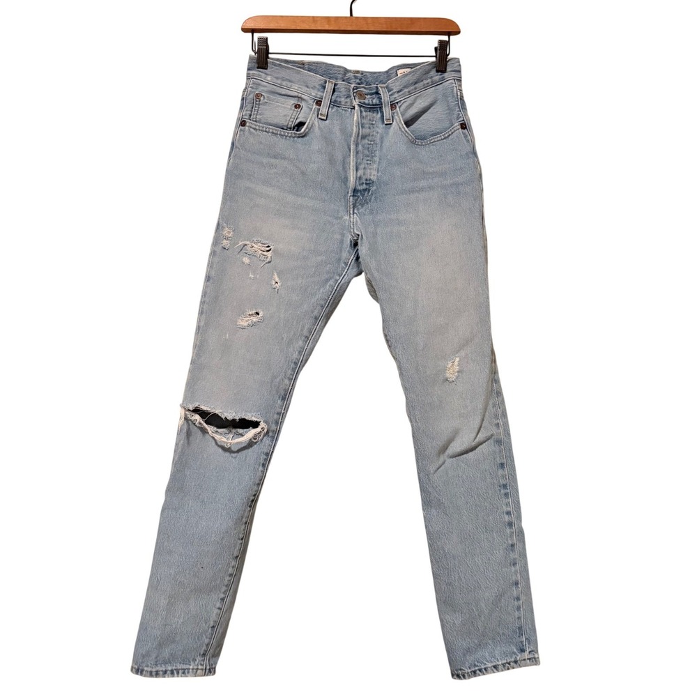 Levi's 501 Light Wash Distressed Button Fly Selvage White Oak Cone Jeans 26 X 30